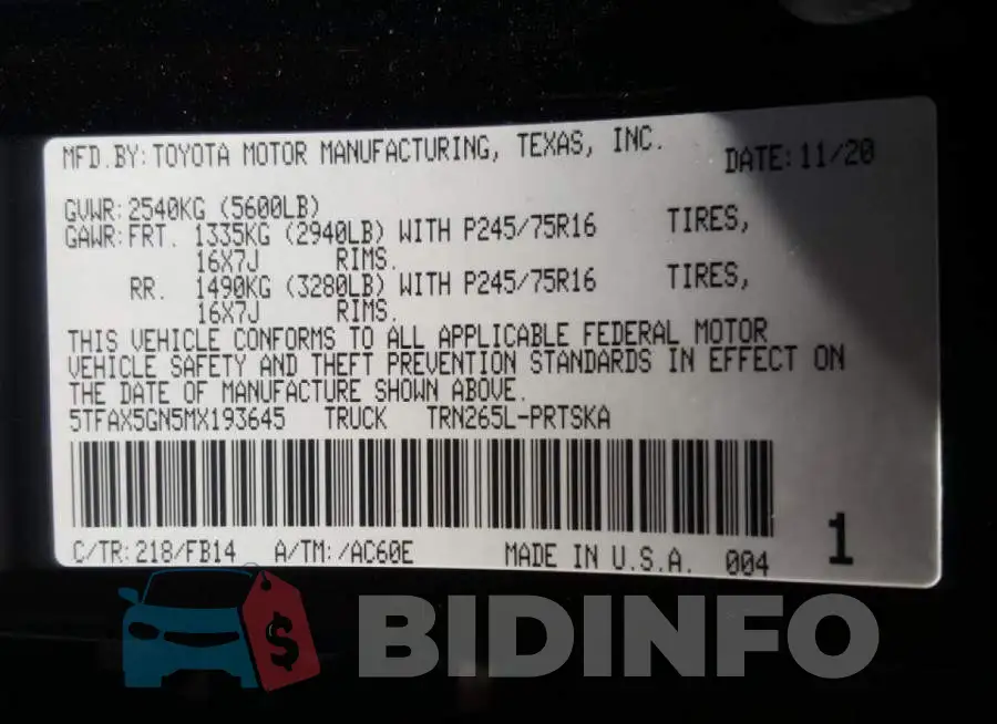 5TFAX5GN5MX193645 Photo# 10