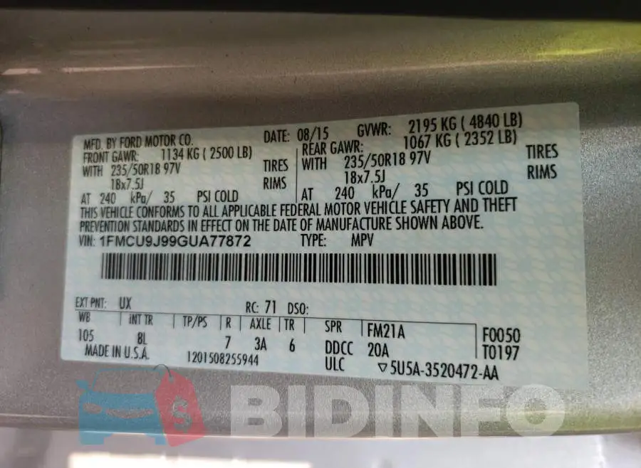 1FMCU9J99GUA77872 Photo# 10
