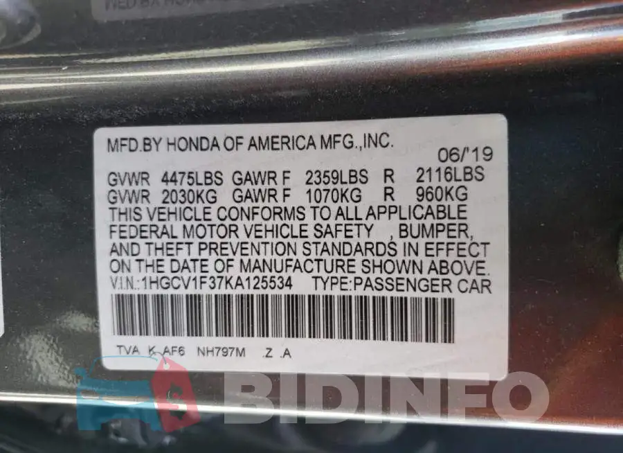 1HGCV1F37KA125534 Photo# 10