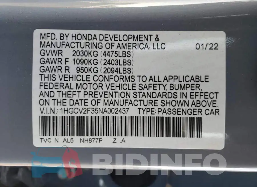 1HGCV2F35NA002437 Photo# 10