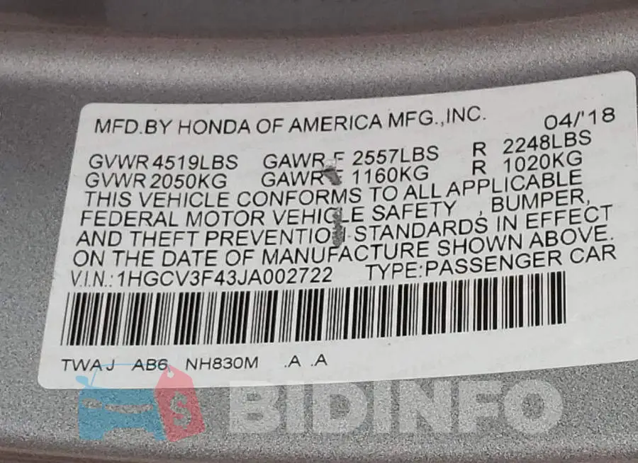 1HGCV3F43JA002722 Photo# 10