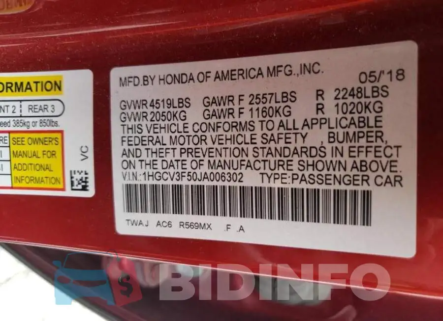 1HGCV3F50JA006302 Photo# 10