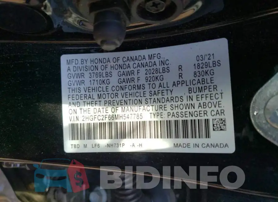 2HGFC2F66MH547785 Photo# 10