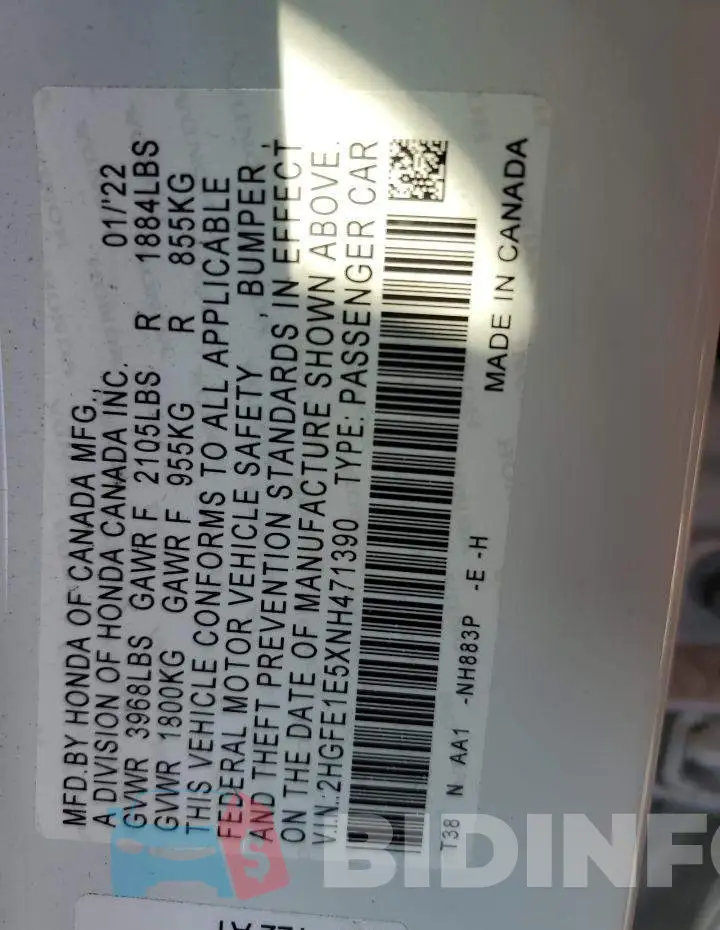 2HGFE1E5XNH471390 Photo# 10