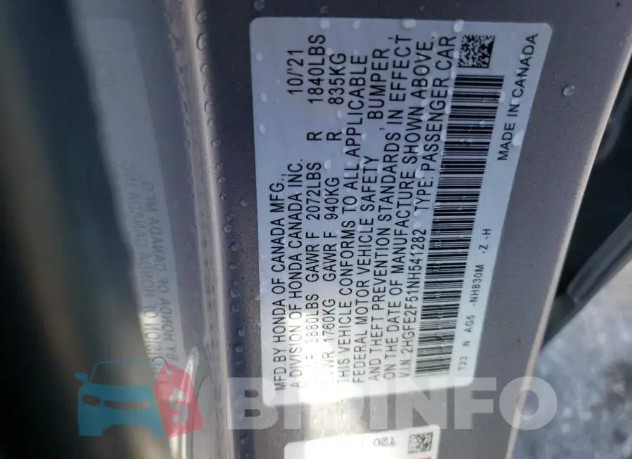 2HGFE2F51NH541282 Photo# 10