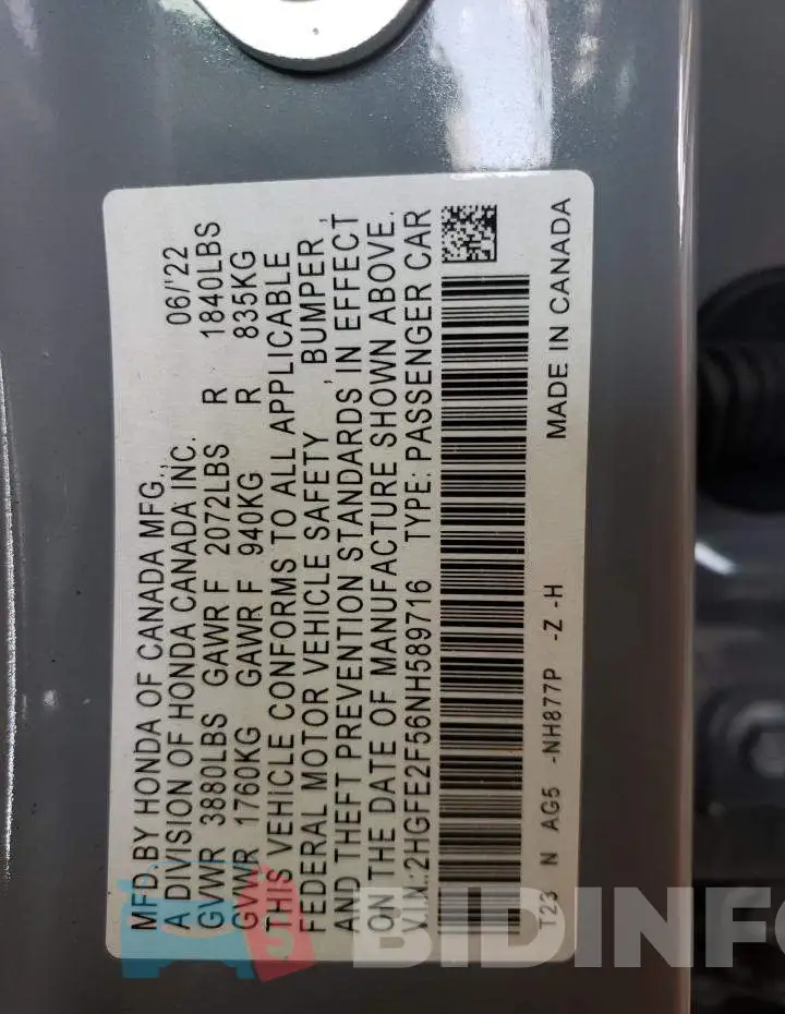 2HGFE2F56NH589716 Photo# 10