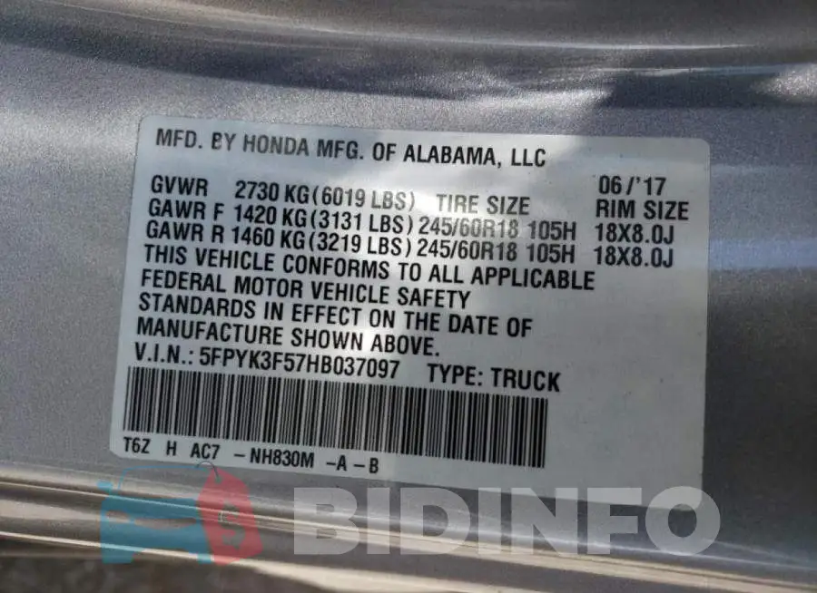 5FPYK3F57HB037097 Photo# 10