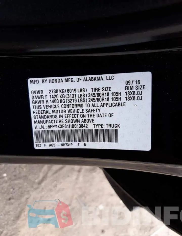 5FPYK3F81HB013842 Photo# 10