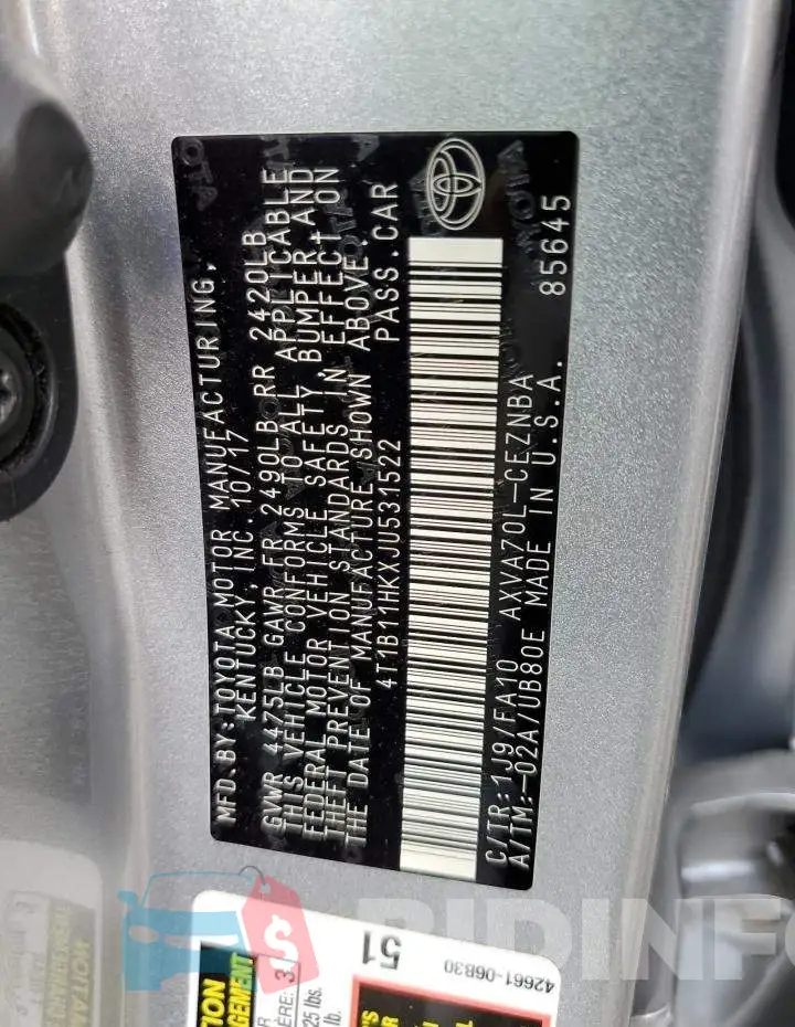 4T1B11HKXJU531522 Photo# 10