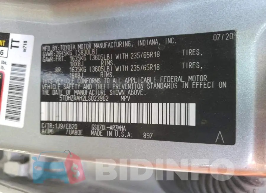 5TDHZRAH2LS023962 Photo# 10