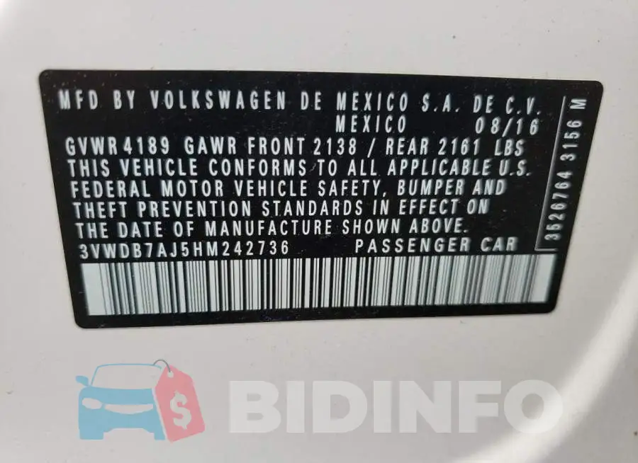 3VWDB7AJ5HM242736 Photo# 10