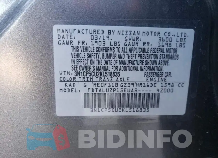 3N1CP5CU2KL518835 Photo# 10