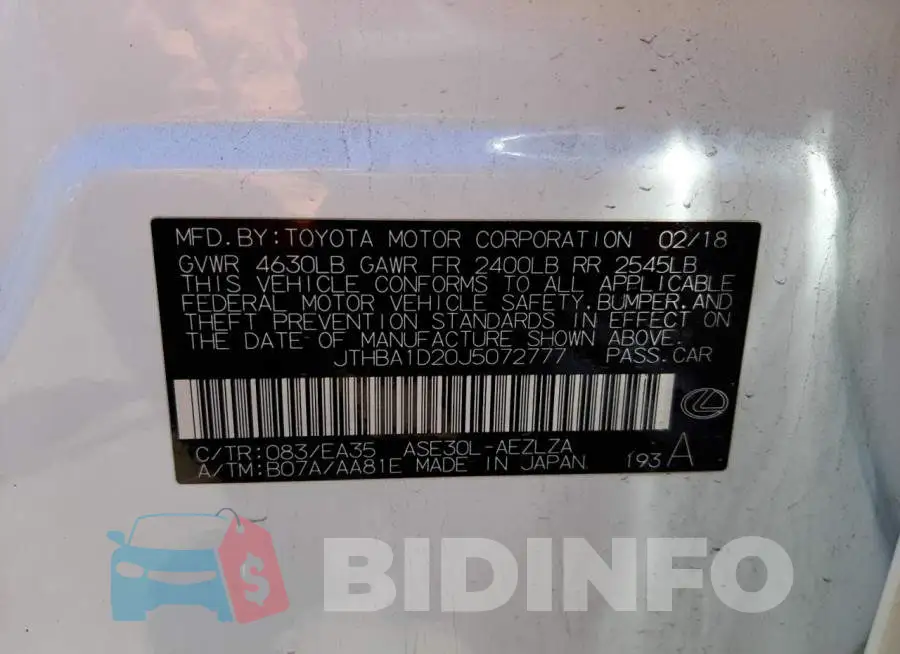 JTHBA1D20J5072777 Photo# 10