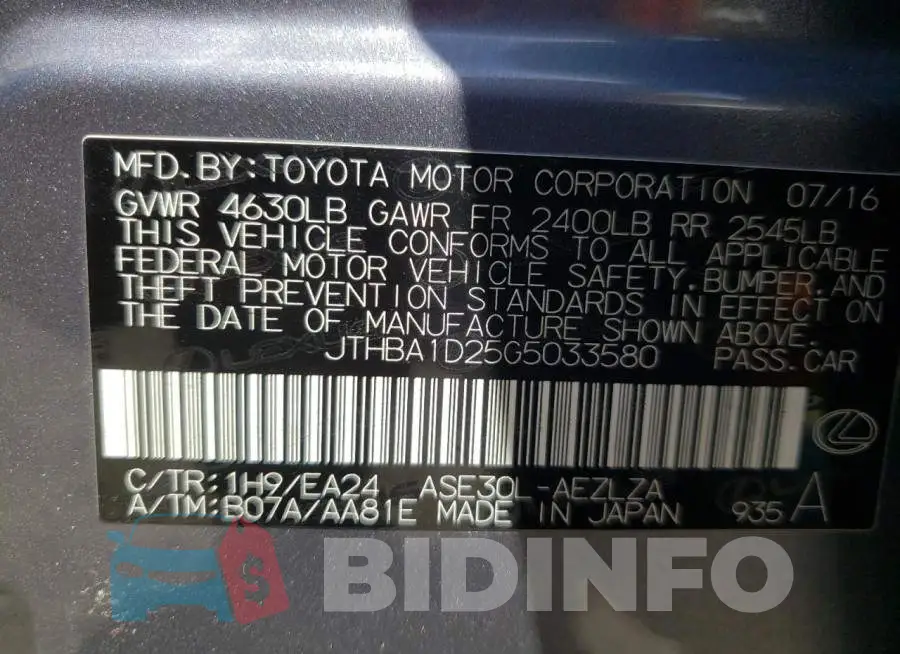 JTHBA1D25G5033580 Photo# 10