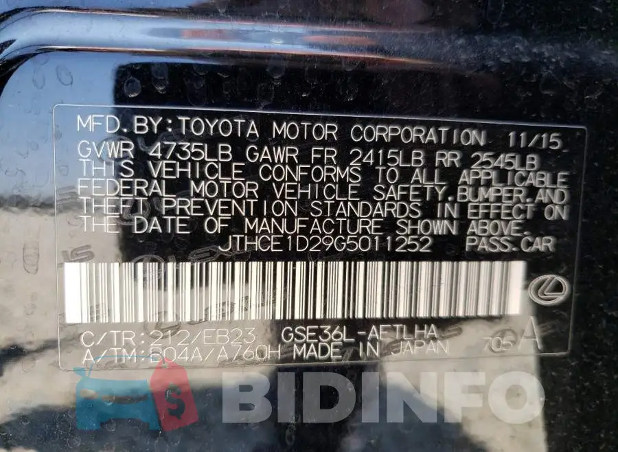 JTHCE1D29G5011252 Photo# 10