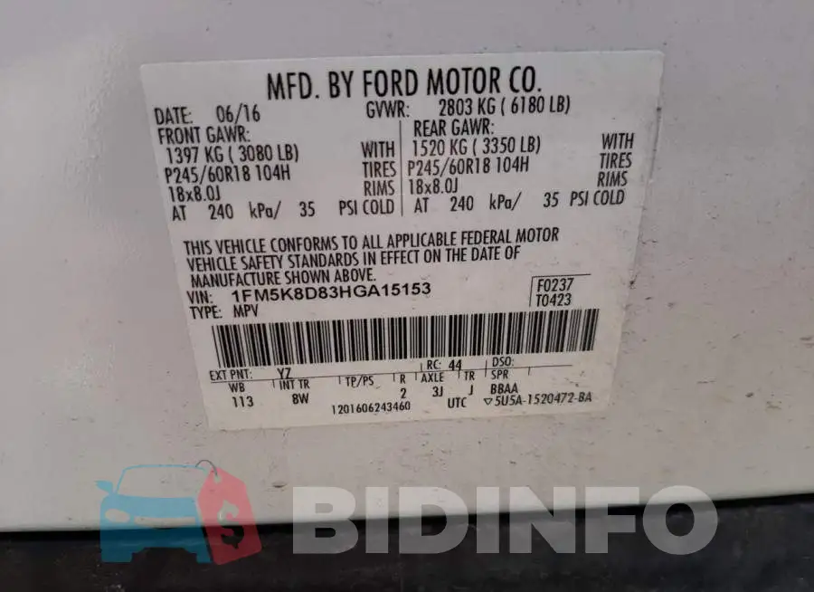 1FM5K8D83HGA15153 Photo# 10