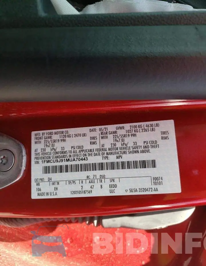 1FMCU9J91MUA70443 Photo# 10
