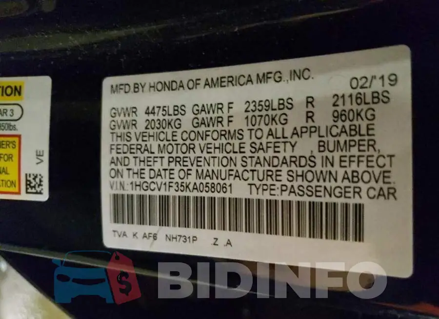 1HGCV1F35KA058061 Photo# 10