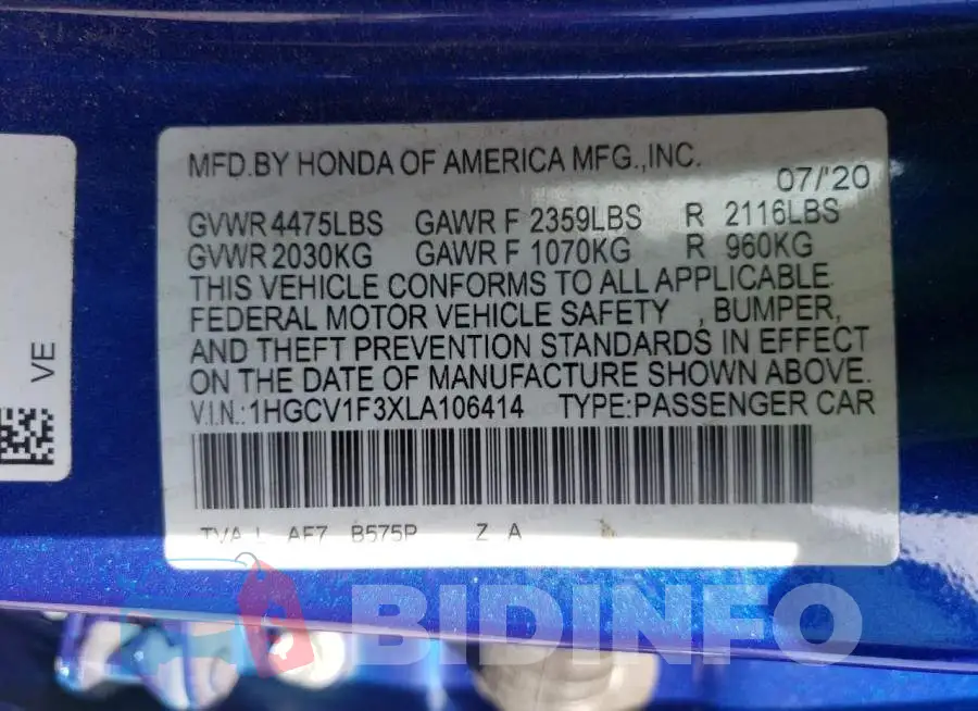 1HGCV1F3XLA106414 Photo# 10