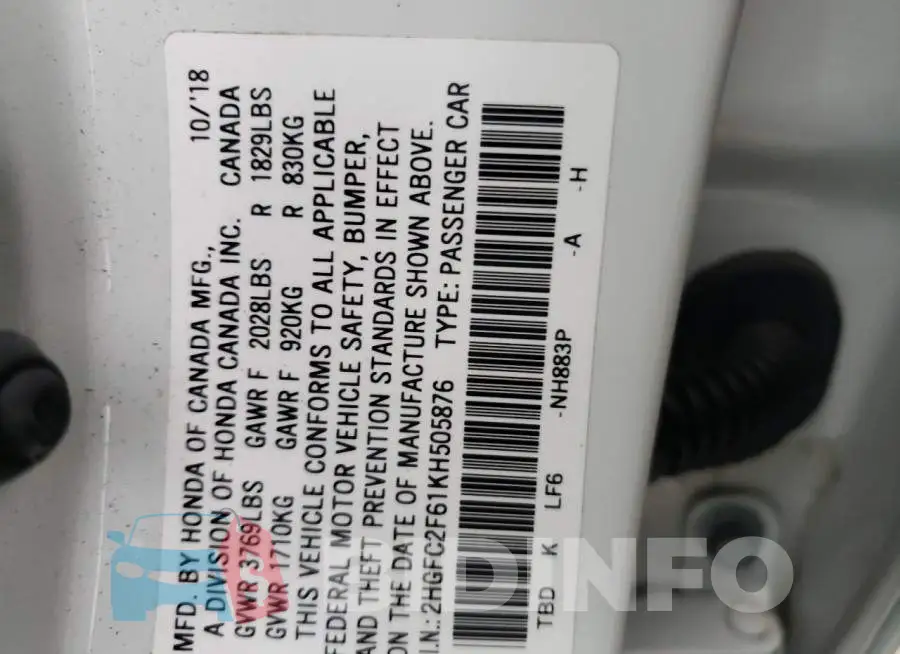 2HGFC2F61KH505876 Photo# 10