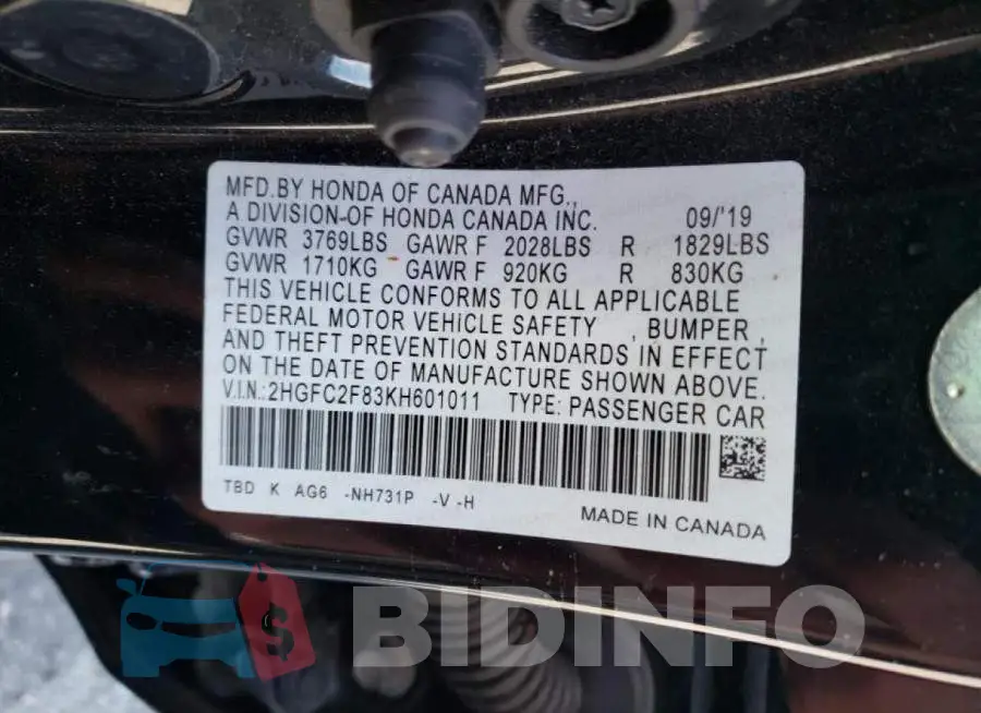 2HGFC2F83KH601011 Photo# 10