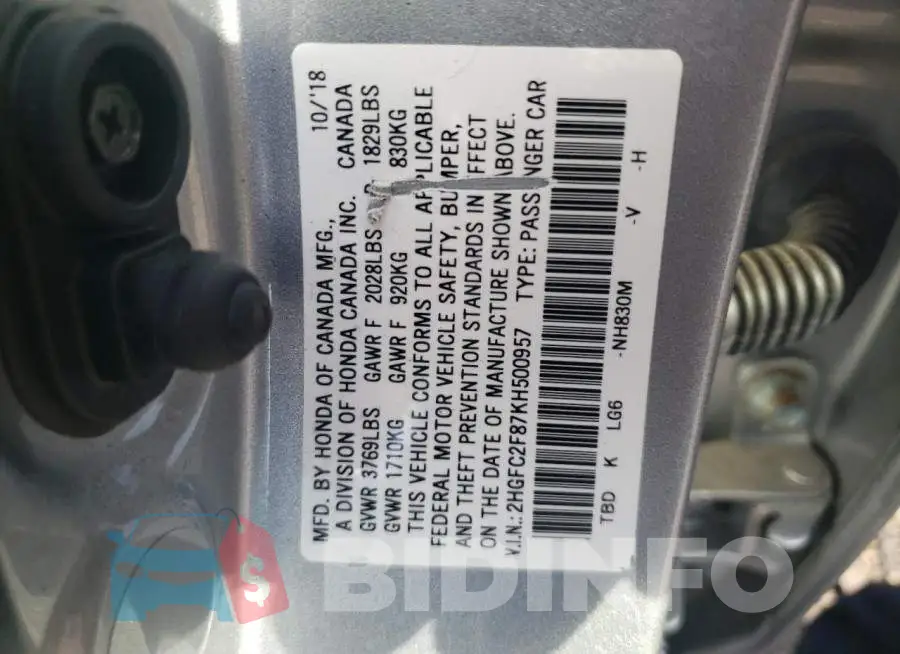 2HGFC2F87KH500957 Photo# 10