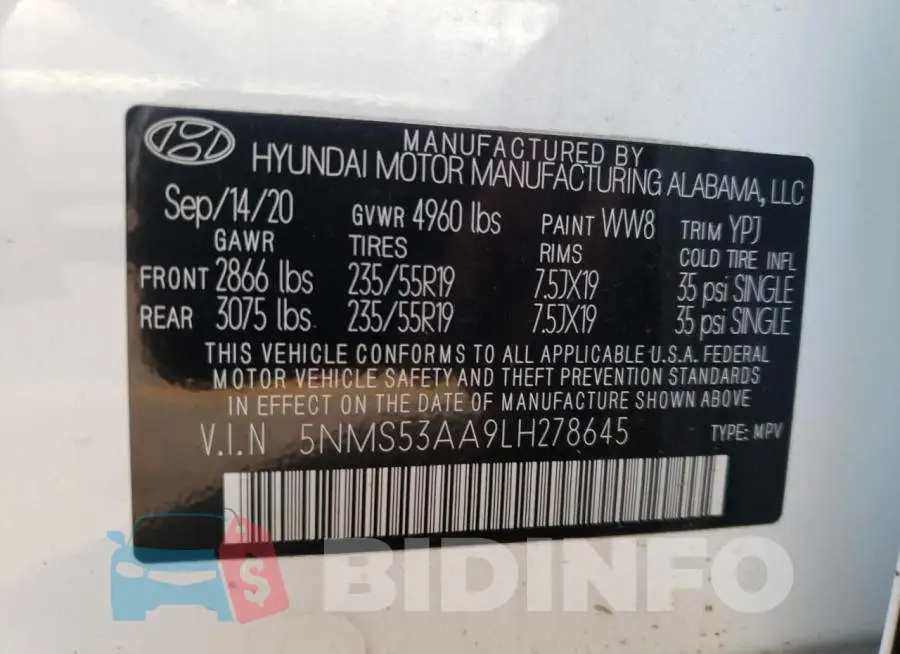 5NMS53AA9LH278645 Photo# 10