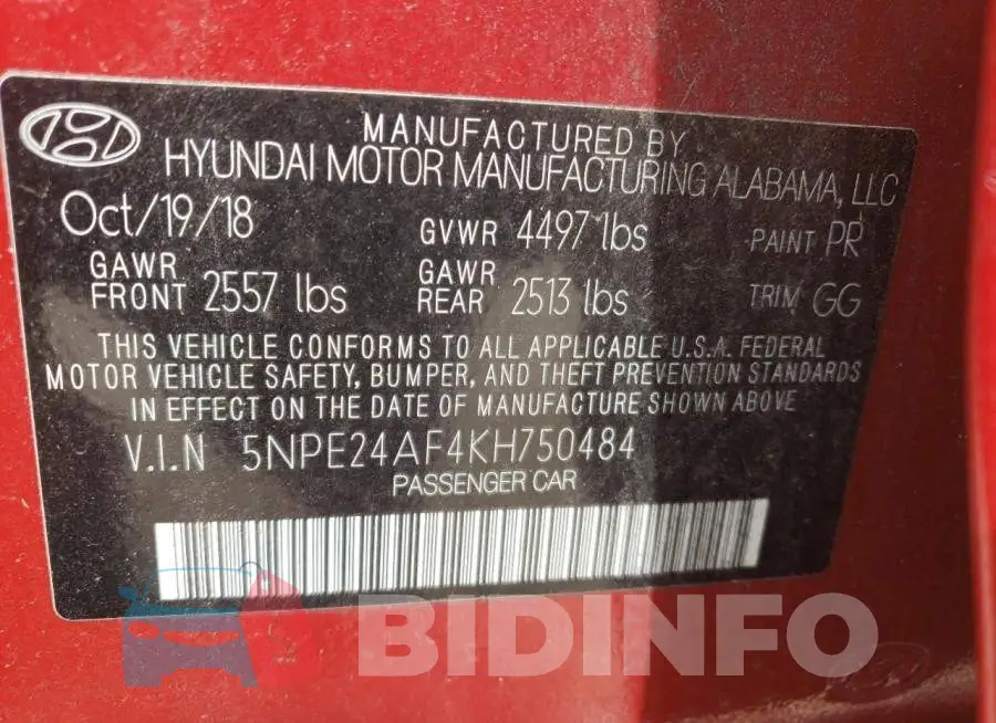 5NPE24AF4KH750484 Photo# 10