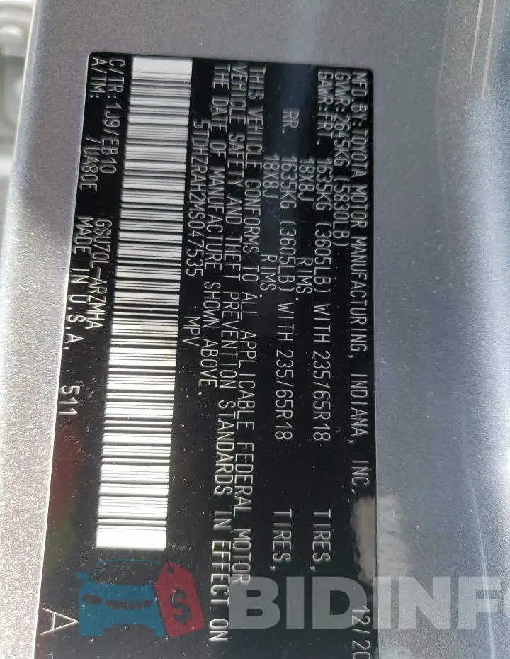 5TDHZRAH2MS047535 Photo# 10