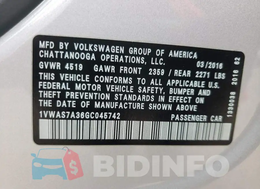 1VWAS7A36GC045742 Photo# 10