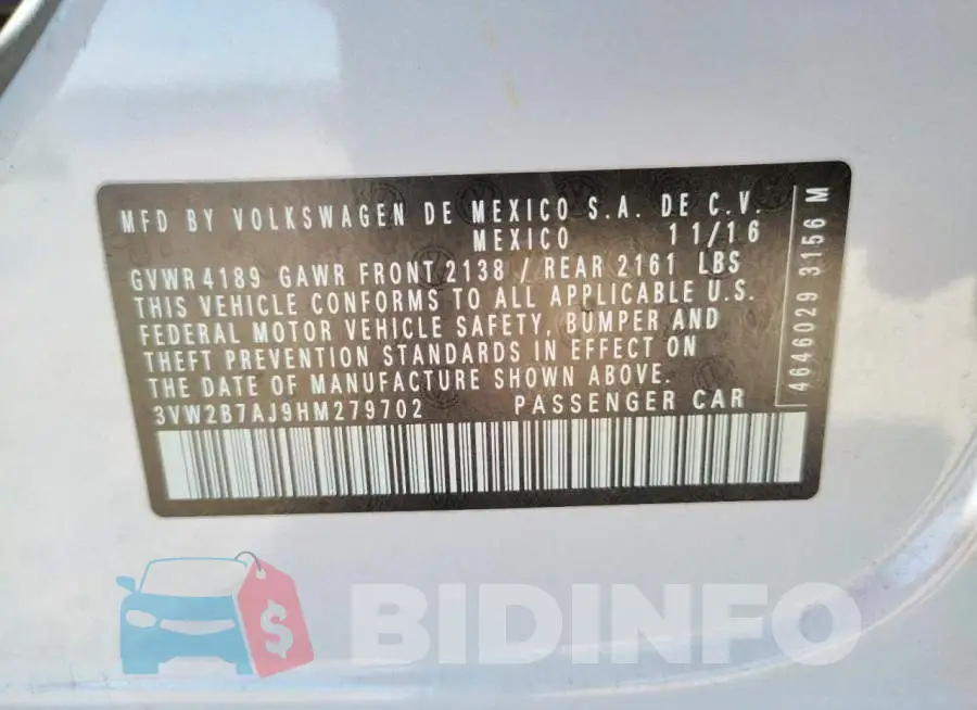 3VW2B7AJ9HM279702 Photo# 10