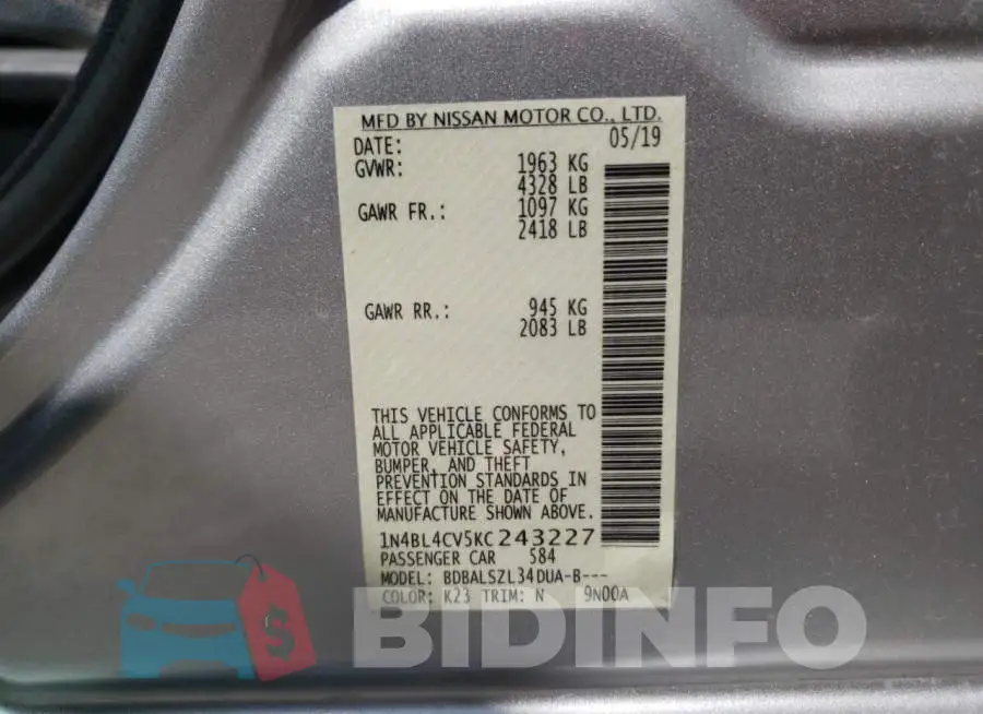 1N4BL4CV5KC243227 Photo# 10