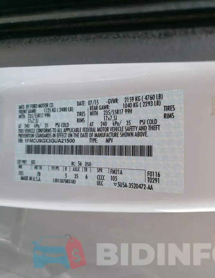 1FMCU9GX3GUA21500 Photo# 10