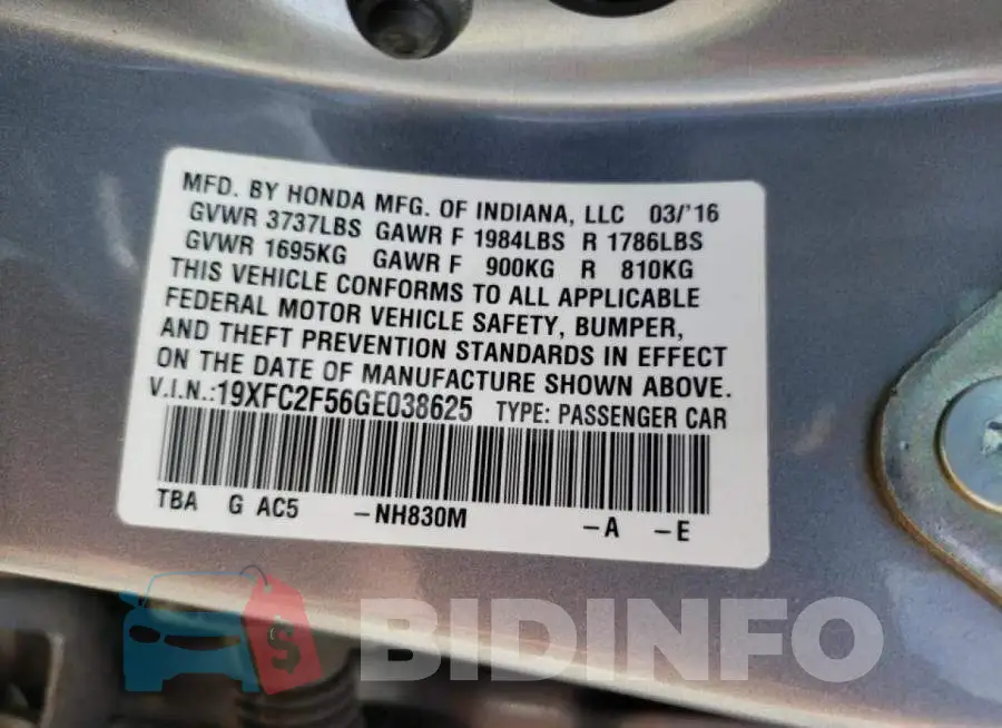 19XFC2F56GE038625 Photo# 10