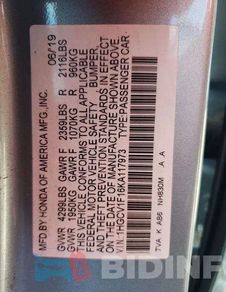 1HGCV1F16KA117973 Photo# 10