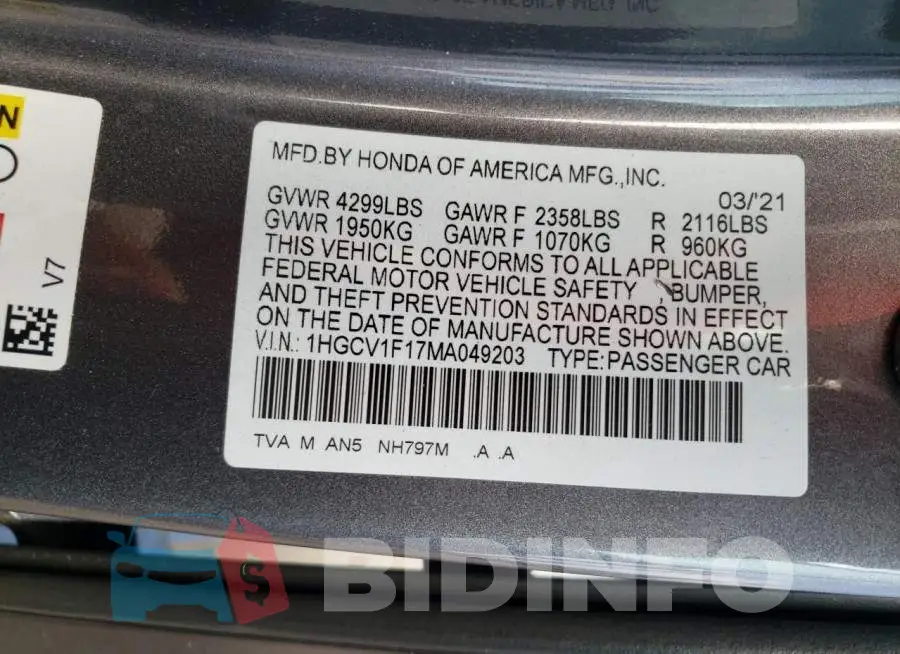 1HGCV1F17MA049203 Photo# 10