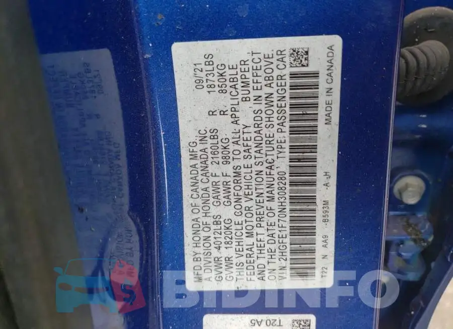 2HGFE1F70NH308280 Photo# 10