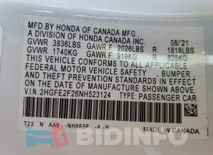 2HGFE2F26NH523124 Photo# 10