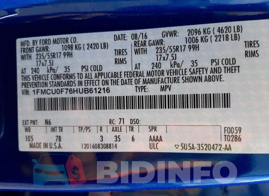1FMCU0F76HUB61216 Photo# 10