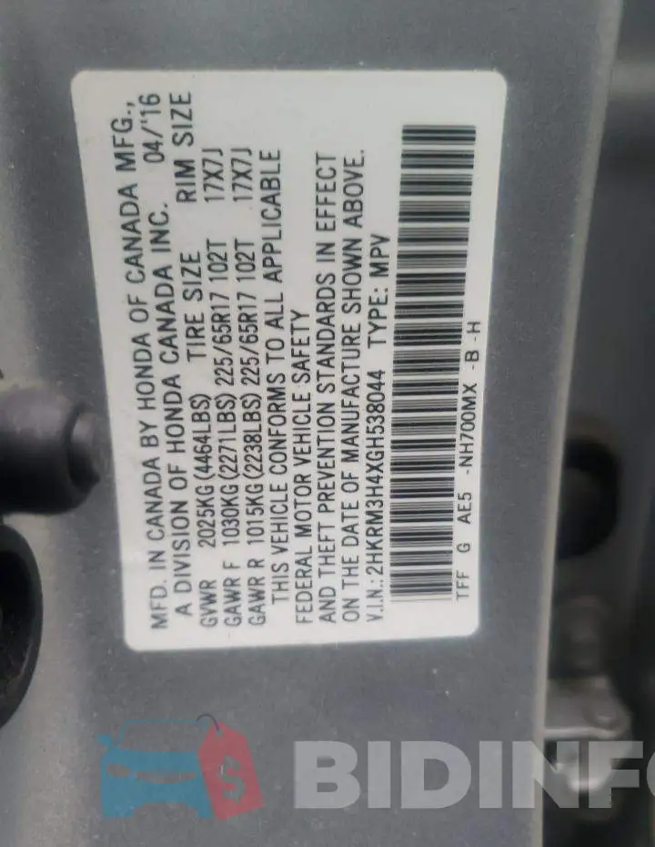 2HKRM3H4XGH538044 Photo# 10