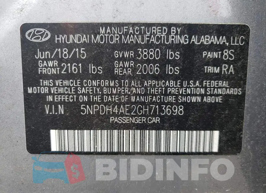 5NPDH4AE2GH713698 Photo# 10