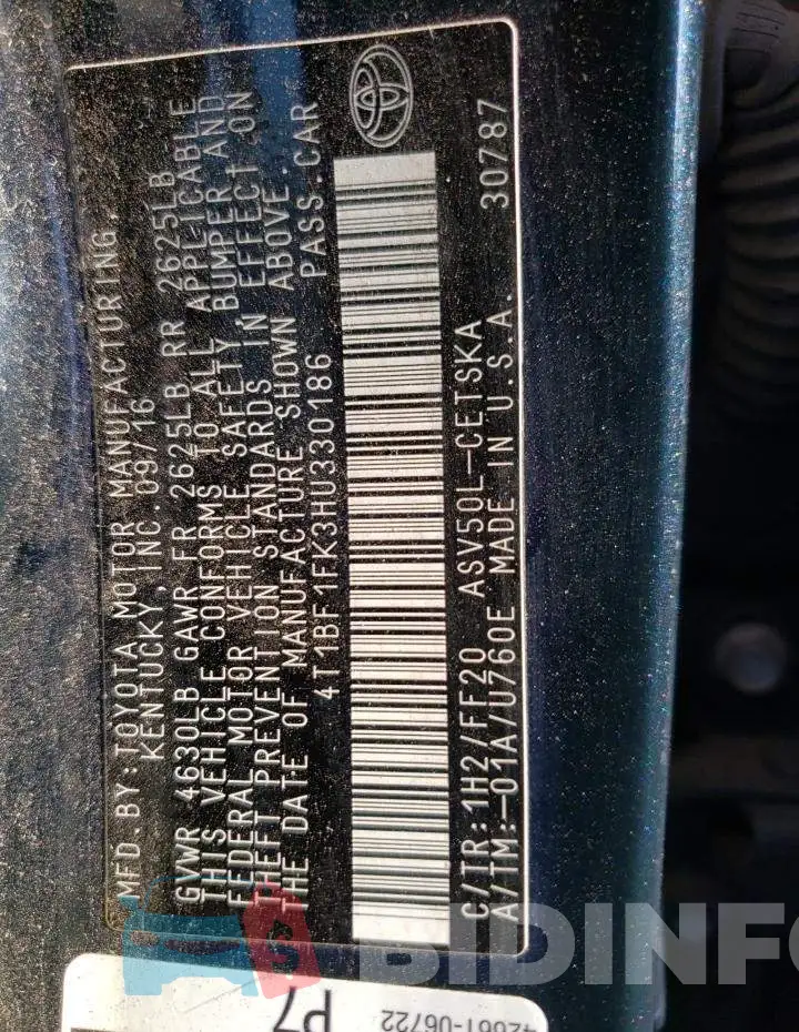 4T1BF1FK3HU330186 Photo# 10