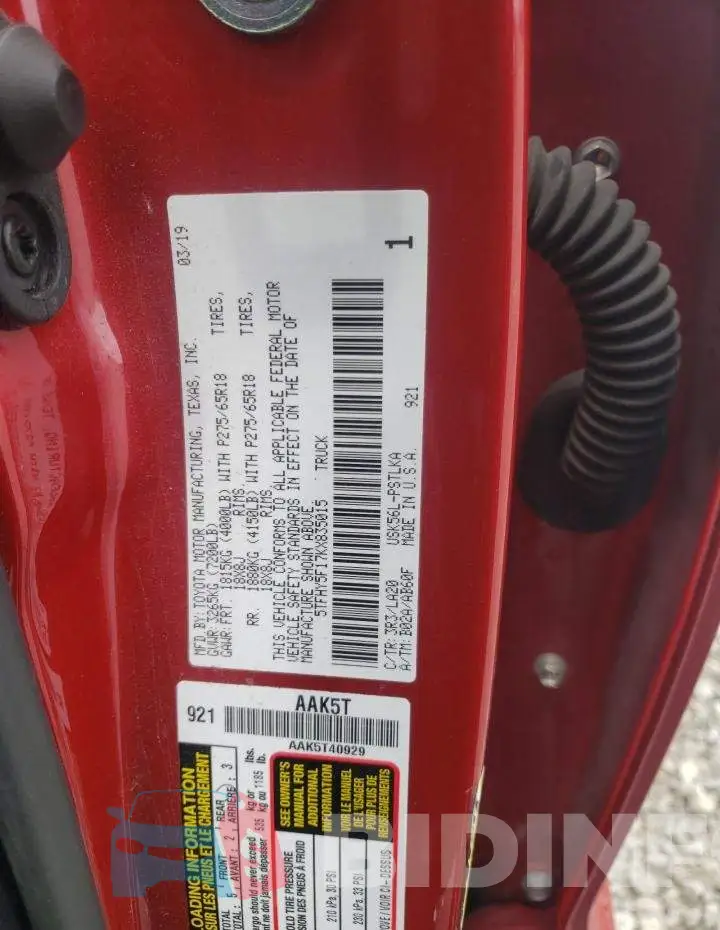 5TFHY5F17KX835015 Photo# 10