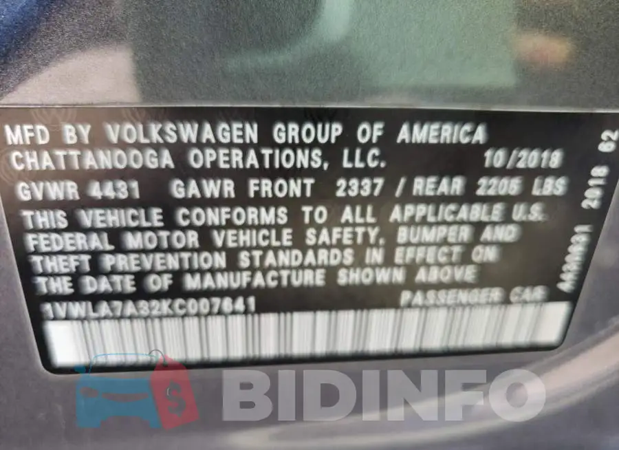 1VWLA7A32KC007641 Photo# 10