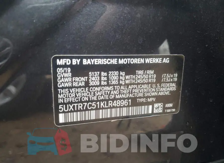 5UXTR7C51KLR48961 Photo# 10