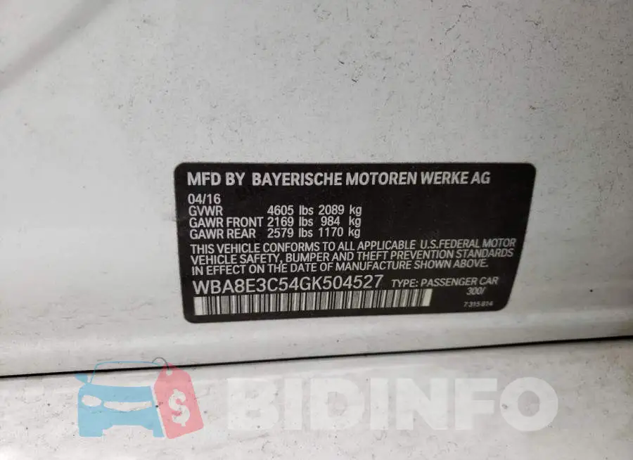 WBA8E3C54GK504527 Photo# 10