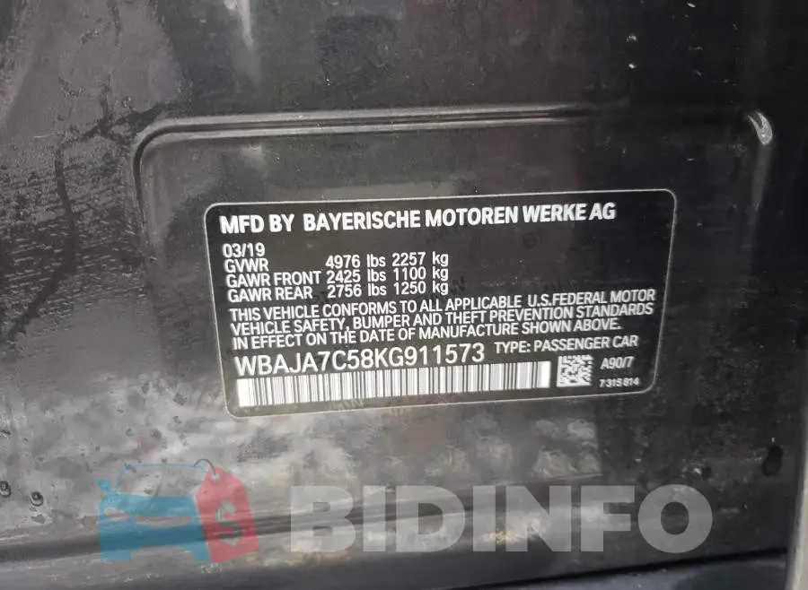 WBAJA7C58KG911573 Photo# 10