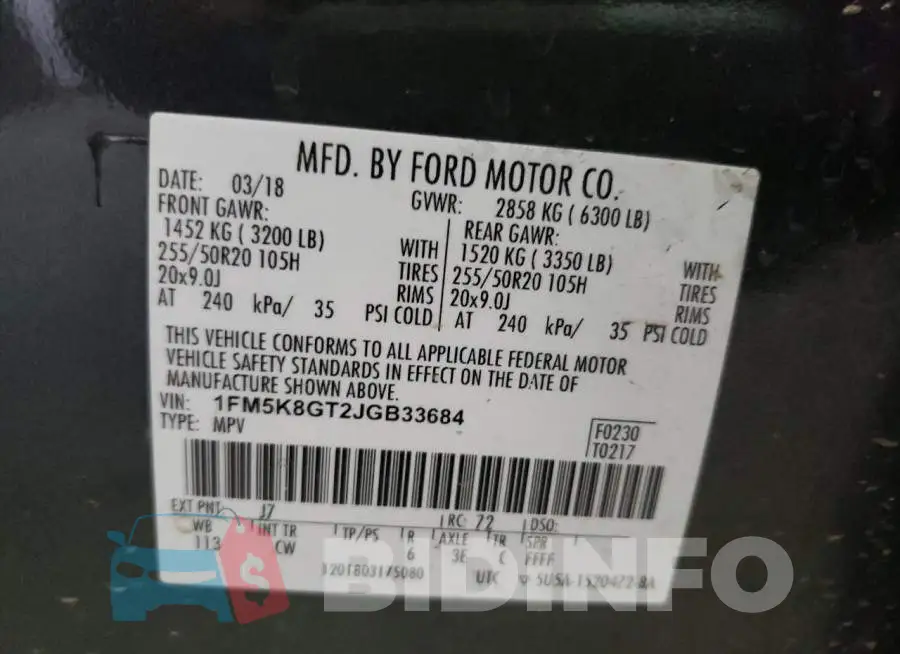 1FM5K8GT2JGB33684 Photo# 10