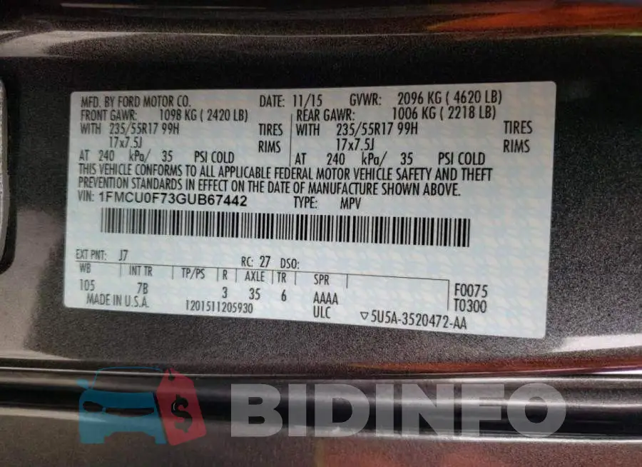 1FMCU0F73GUB67442 Photo# 10