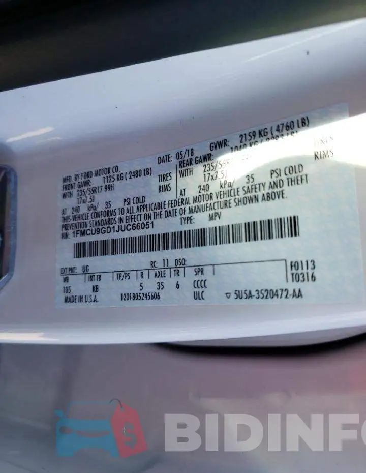1FMCU9GD1JUC66051 Photo# 10